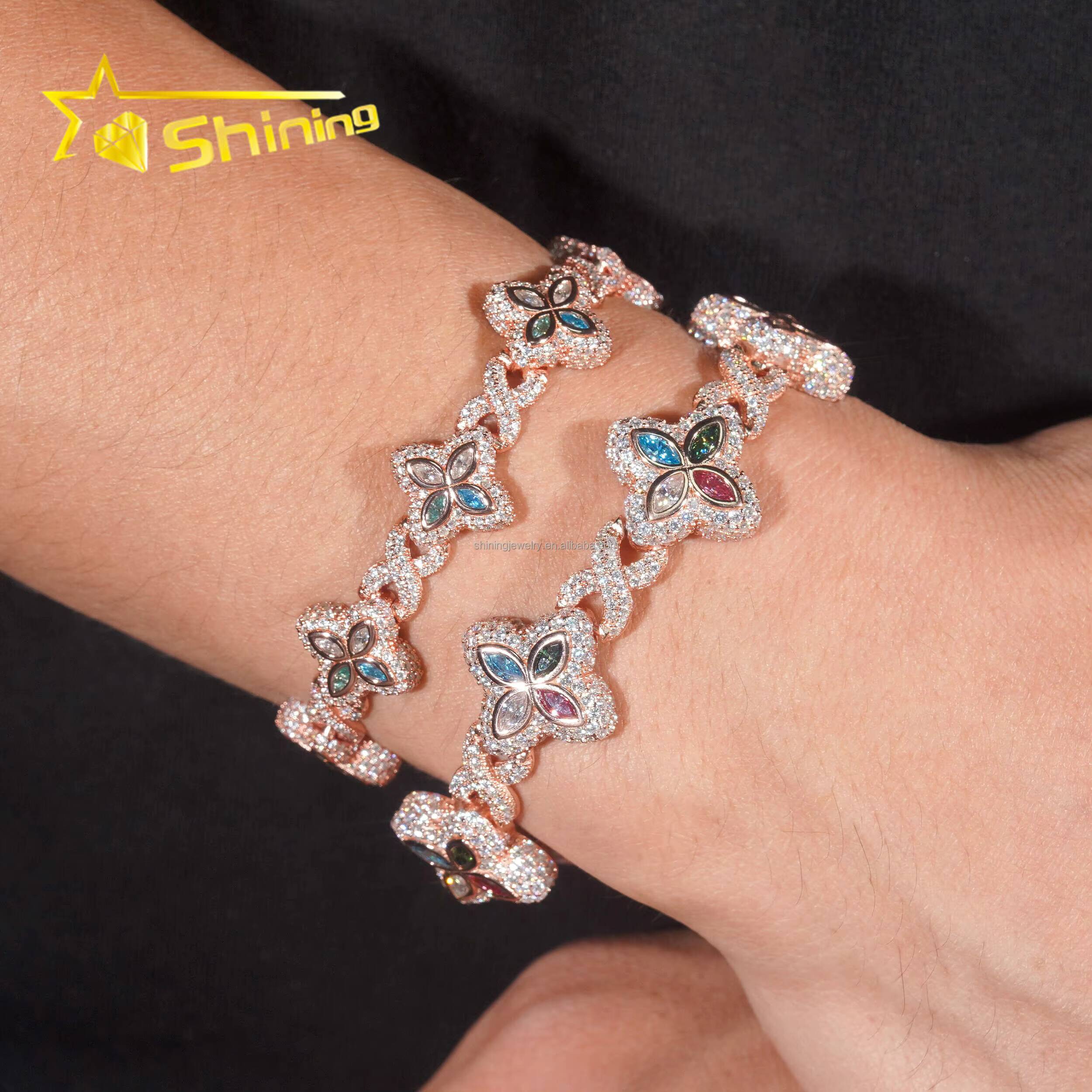 Unique Design Rapper Luxury Jewelry Hot Selling Hip Hop Mulit Color Moissanite Iced Out S925 Silver Cuban Clover Bracelet Men
