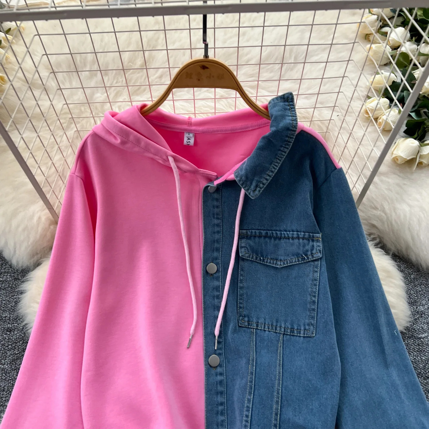 Pant Set Women Two Piece Sets Hooded Matching Casual Loose Tops Wide Leg Long Pants Elastic Waist Lace Up Splice Denim 250730