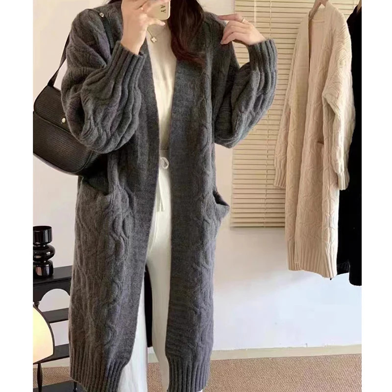 FIGOHR Womens AutumnWinter Long Cardigan Coat with Lantern Sleeves and Pockets Elegant Solid Knitted Sweater 250730