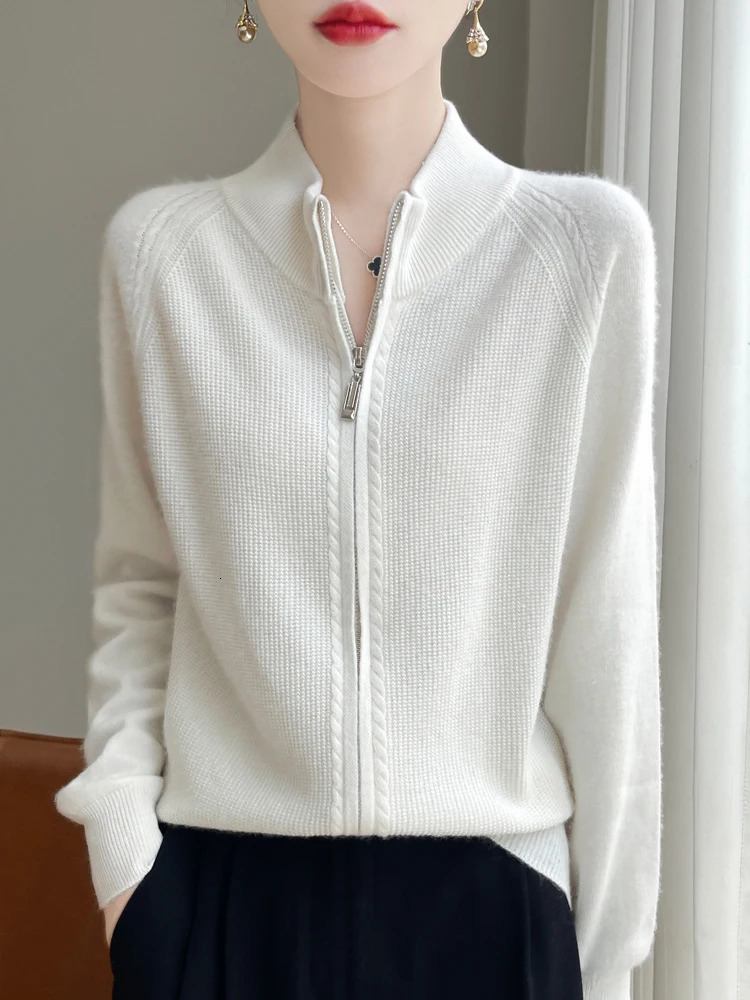 100% Pure Wool Zipper Cardigan Womens SemiTurtleneck Knit Coat Fashion Loose Double Sweater Autumn Winter Female Jacket 250730