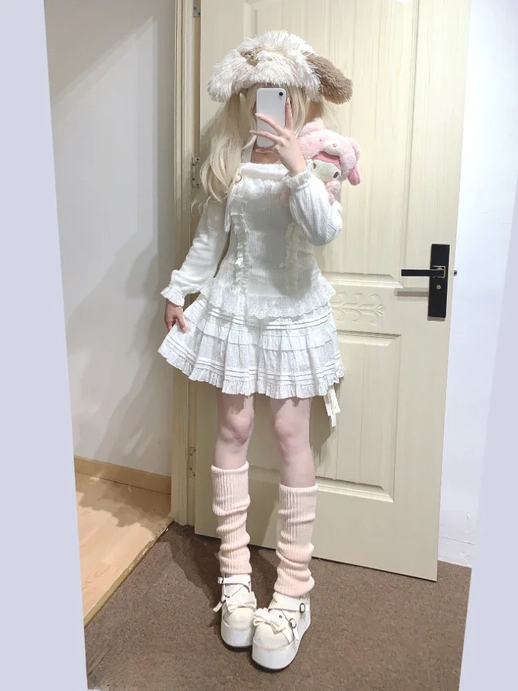 Lolita Off Shoulder Halter Sweater Women Kawaii Lace Patchwork Y2k Aesthetic Japanese Bottoming Crop Tops Pullover Knitwear 250723