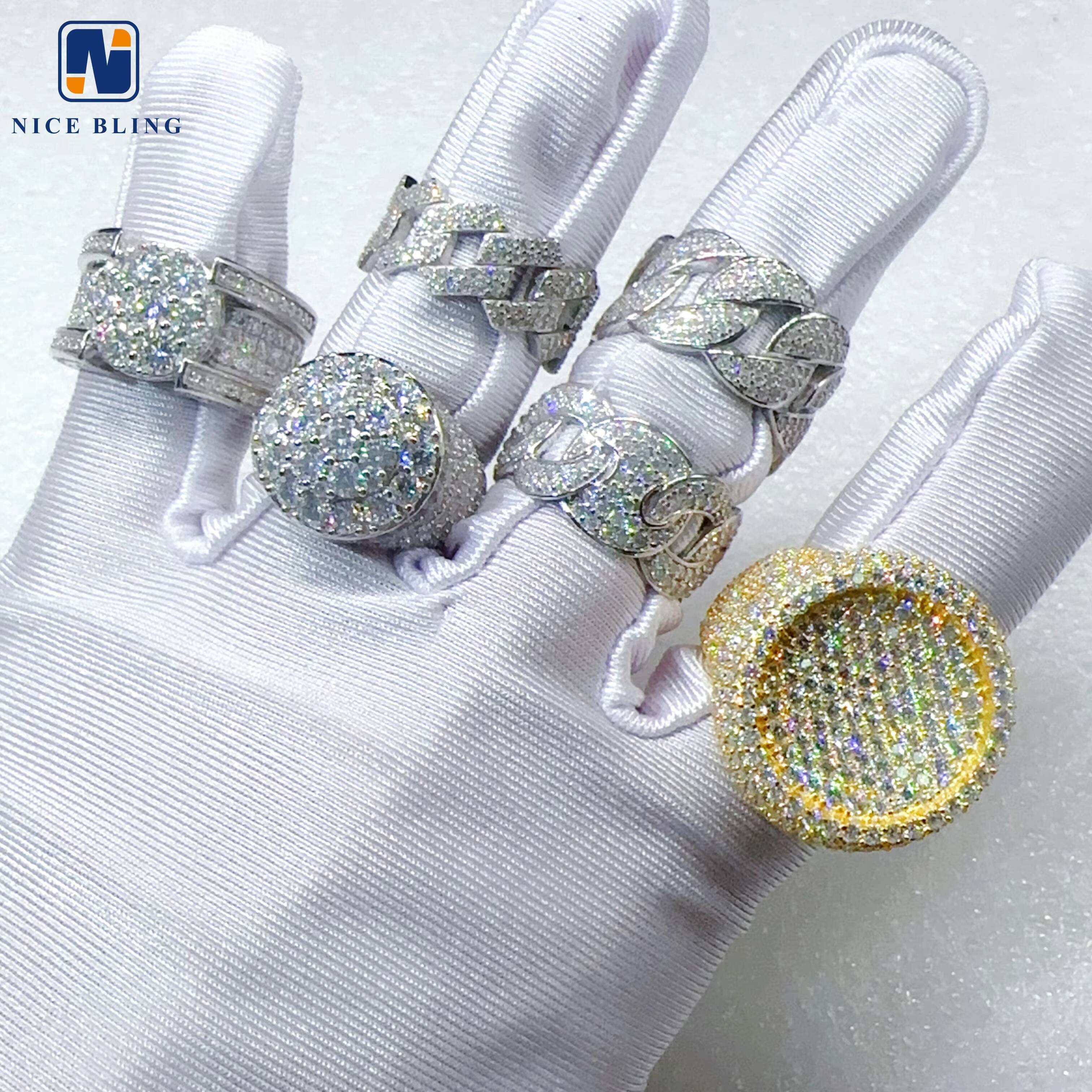 Full Iced Out 925 Silver Round Brilliant Mens Ring Hip Hop Moissanite Diamond Engagement Pinky Rings Pass Diamond Tester