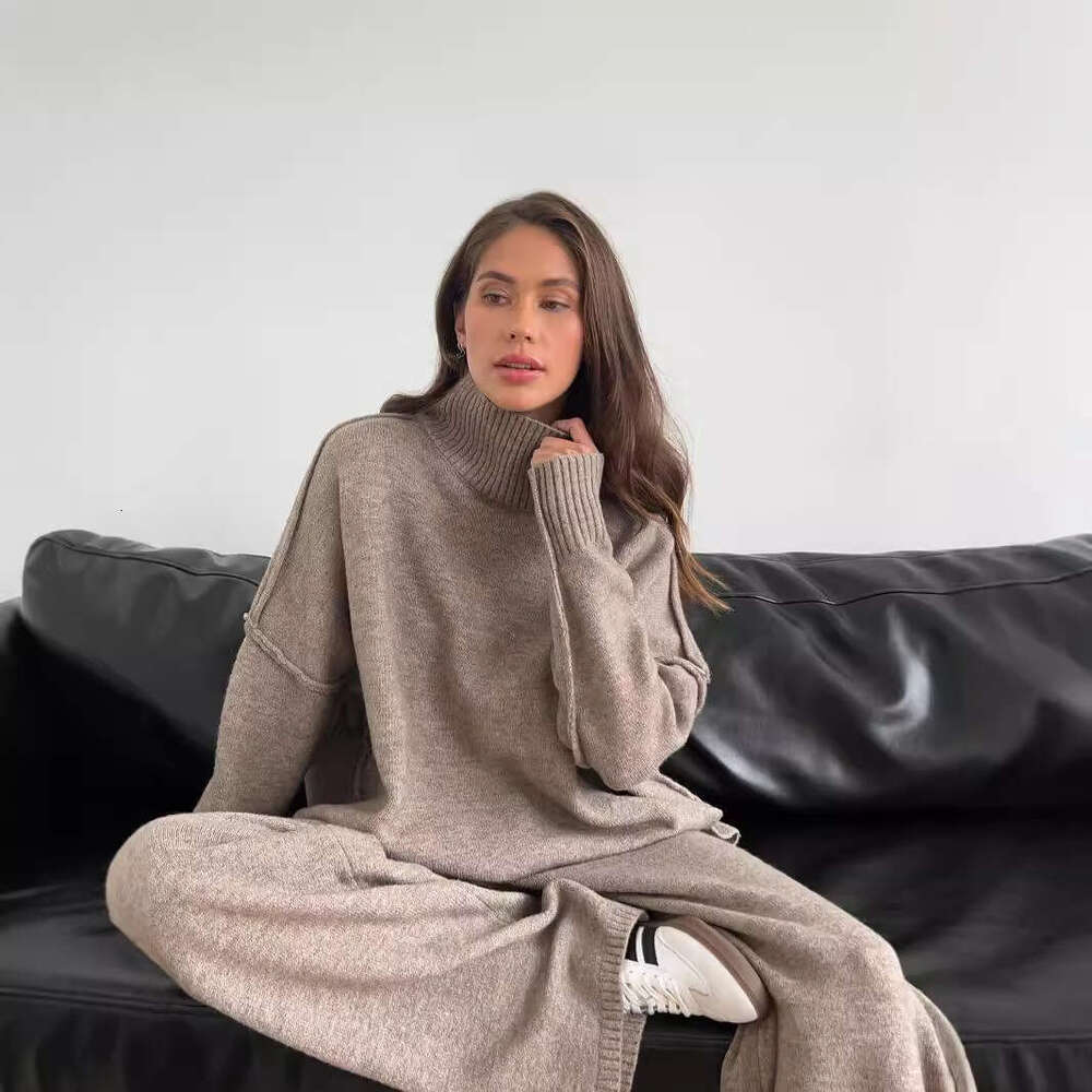 High Neck Split Wool Sweater For Women Loose Casual Lazy Knitted Long Pants Two-Piece Set B5