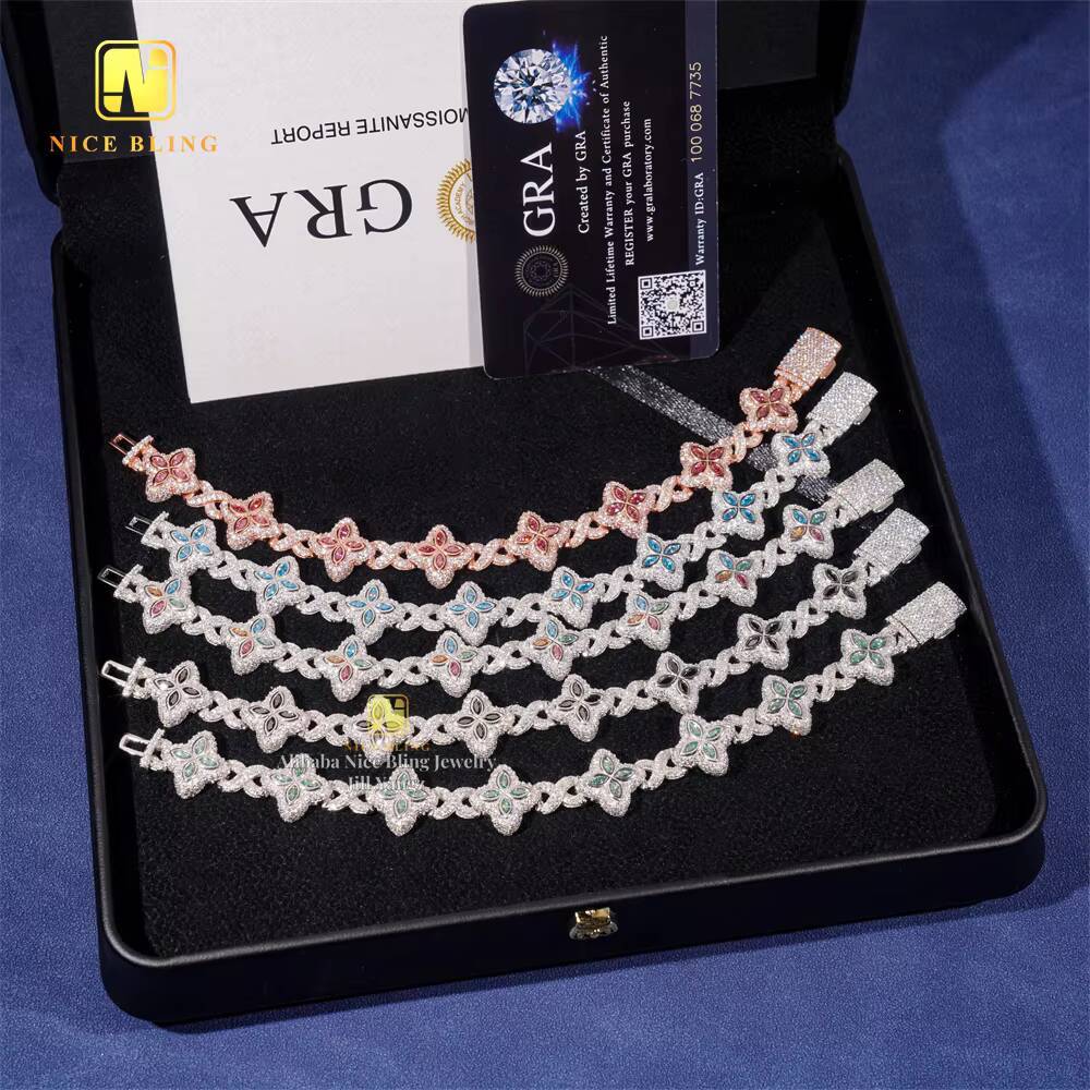 HOT SELLING 15mm Colorful Moissanite Flower Cuban Bracelet Ready Stock Hip Hop Fancy Diamond Cuban Link Chain Moissanite 925
