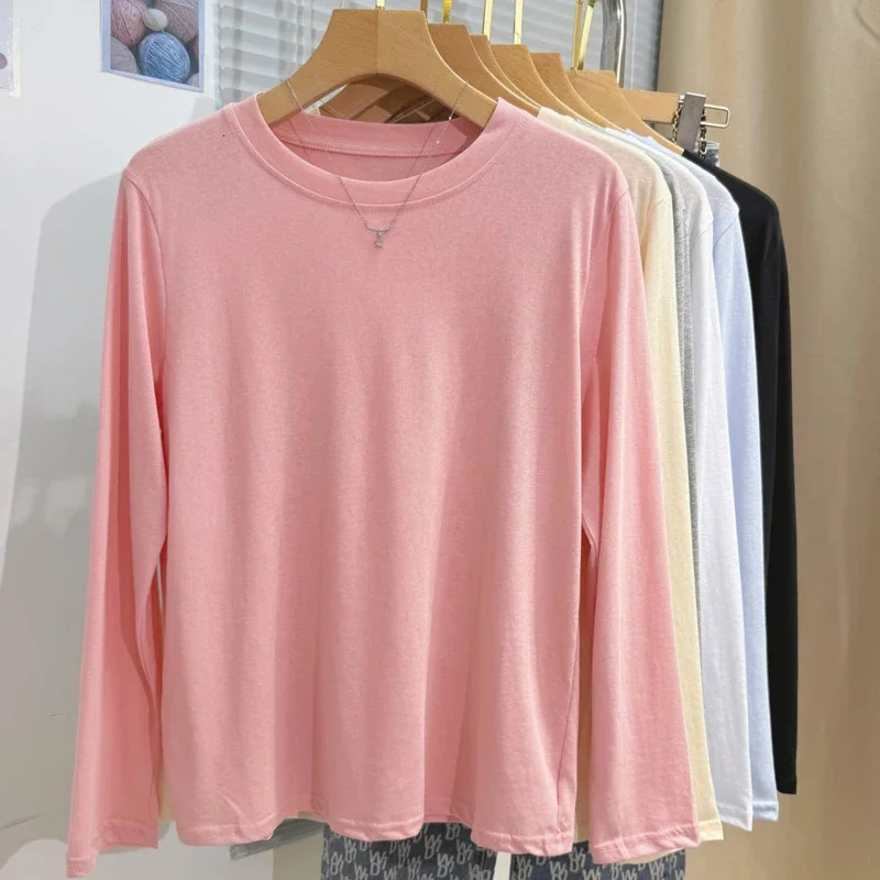 Spring Summer Lightweight Ice Silk Long Sleeve Tshirt Loose Casual Versatile Shirt Solid Color Crew Neck Top 250729