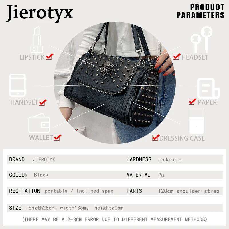 Luxury designer JIEROTYX sexy rivet shoulder women punk skull gothic style large capacity portable messenger bag...