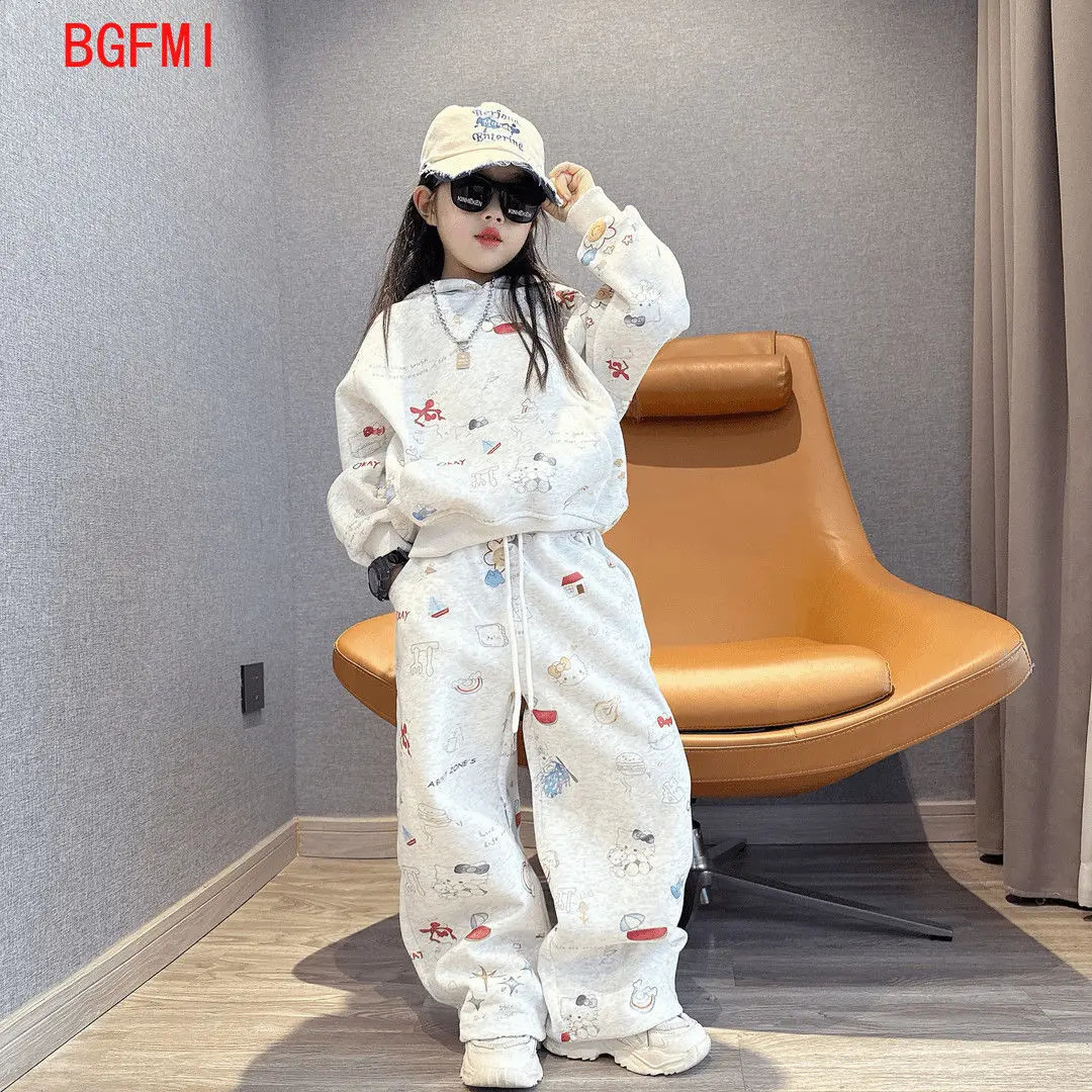 5-14Y Kids Casual Tracksuit Children Boys Cotton Zipper Hooded Jacket Loose Wide Leg Pants Set 2Pcs Sets Teen Girls Sport Suit 250729
