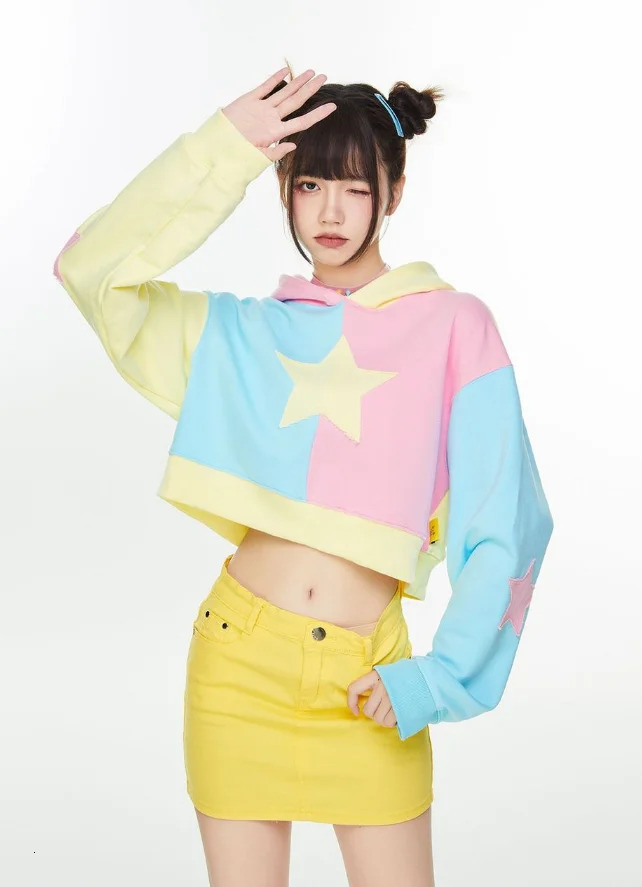 Long Sleeve Vintage Crop Hoodies Femme Contrast Patchwork Sweatshirt Autumn Harajuku Y2k Pullover Loose Women All Match Top 250730