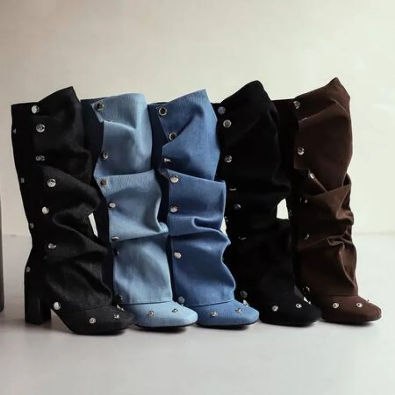 Denim Square Toe Boots Detachable Rivets 7cm Thick Heel and Knee Length Boots Winter Side Zipper Brown Trendy Boots 35-45 250729