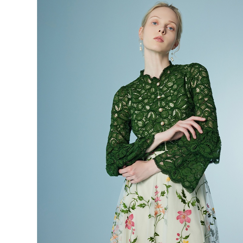 2025 Green Lace Long Flare Sleeves Floral Mesh Short Jackets Going Out Tops for Women Fashion Fall Evening Wear Stand Collar Lace Women Outfits 611229