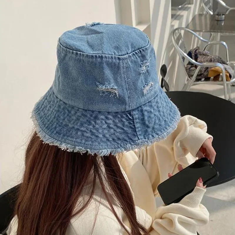 Fashion Sunscreen Hat Solid Color Fur Denim Fisherman Hat Denim Style Men Women Bucket Hat Fringed Edge Summer Vintage Bob Hat 250724