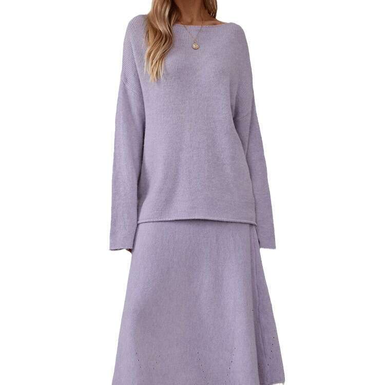 Autumn Winter New Elegant Knitted Set For Women Off-Shoulder Sweater Top Elastic Waist Fishtail Skirt B5