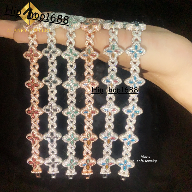 Iced Out Hip Hop 15MM 925 Sterling Silver Infinity Colored Moissanite Clover Bracelet Custom Cuban Link Bracelets for Men