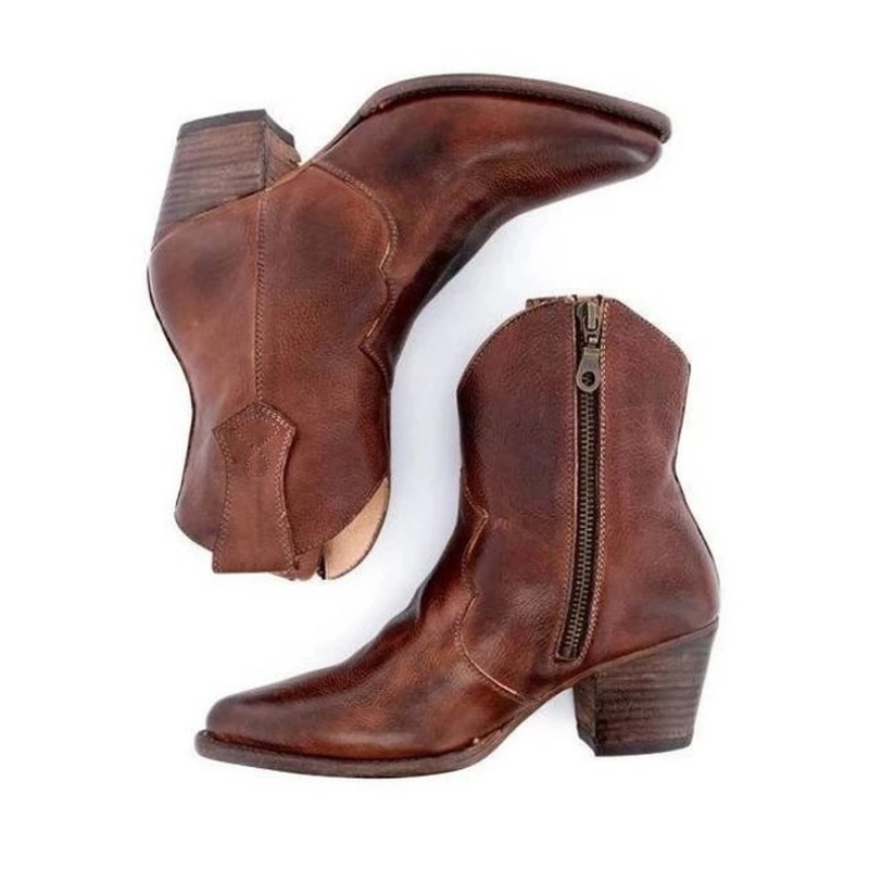 Womens Round Head Ethnic Leather Boot with Side Zipper - Thick Sole for Comfortable High Walk