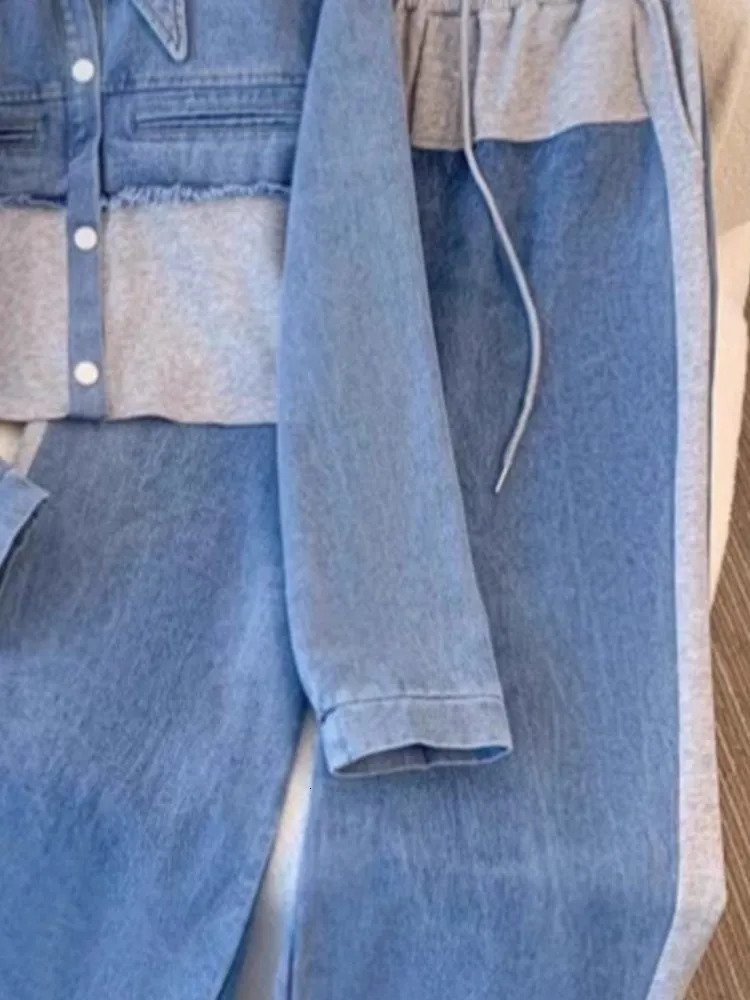 Denim Patchwork Pants Sets Women Fashion Long Sleeve Singlebreasted Short Jacket Straight Trousers Two Piece Set Female 250730