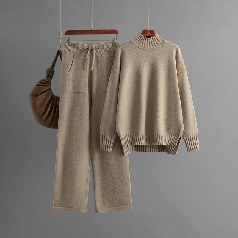 Winter Thick Knitted 2 Piece Sets Women Half Turtleneck Knitwears Sweater Pullover Tops Conjuntos High Waist Sweatpants Outfit 250730