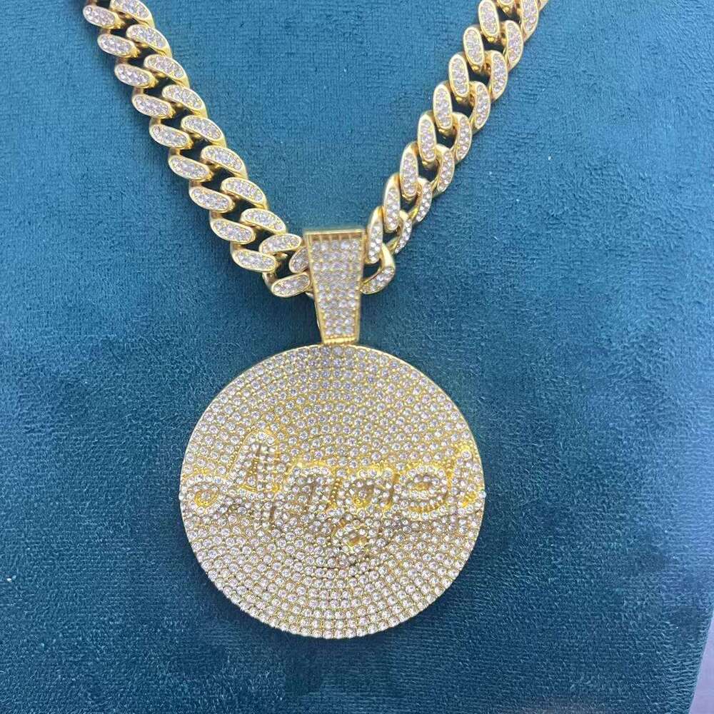 Full English Letter Round Pendant Hip Hop Exaggerated Personality Creative Inlaid Dia Cuban Chain Necklace