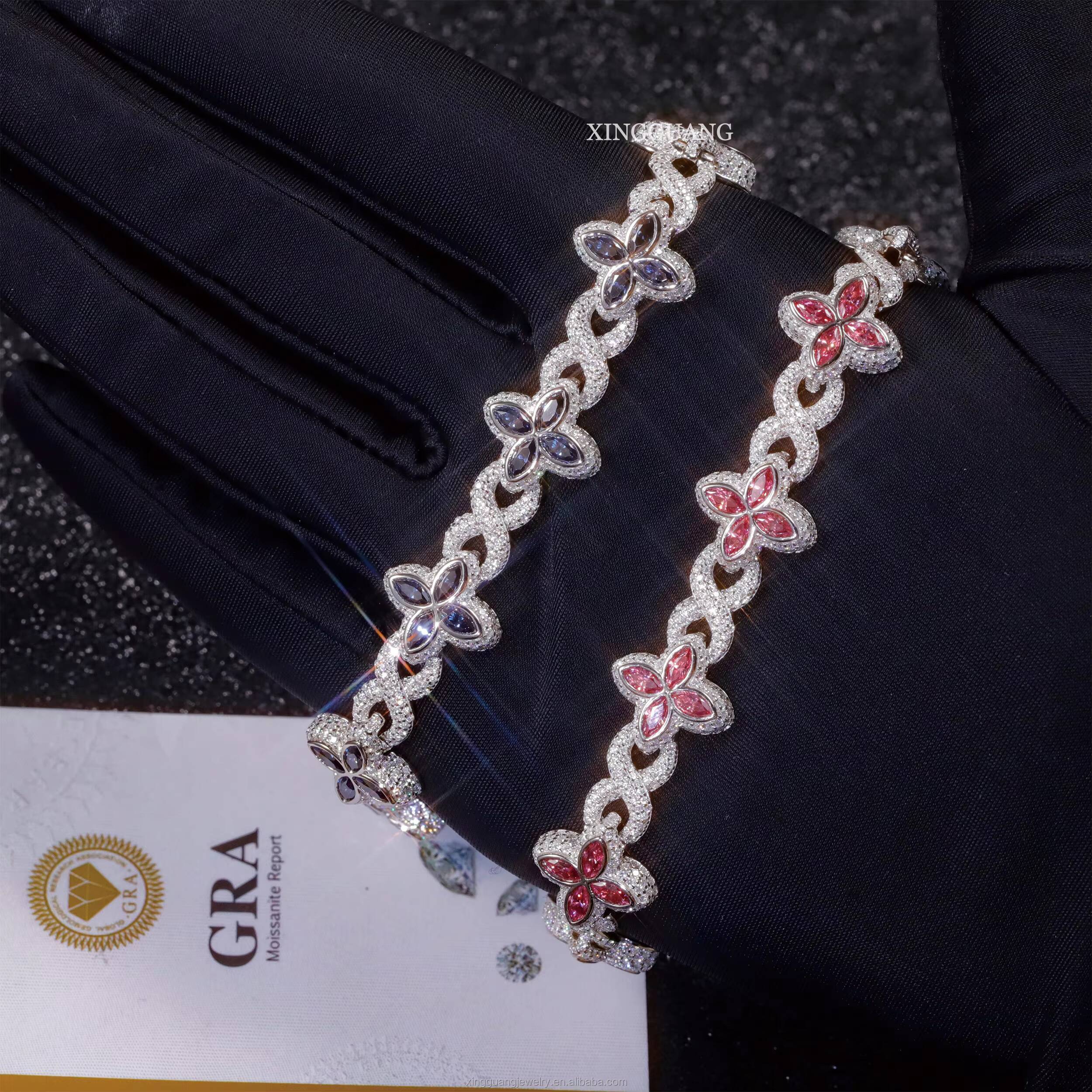 12mm Lucky Clover Bracelet Gold Plated 925 Silver Hip Hop Iced Out VVS Pink Green Blue Diamond Moissanite Bracelet for Gift