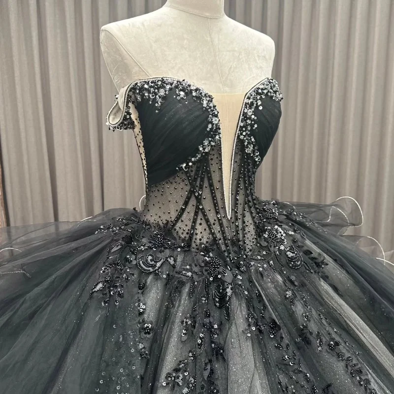 Black Princess Ball Gown Quinceanera Dresses Lace Appliques Crystals Beading Tull Sweet 16 Dress vestidos de 15 Anos