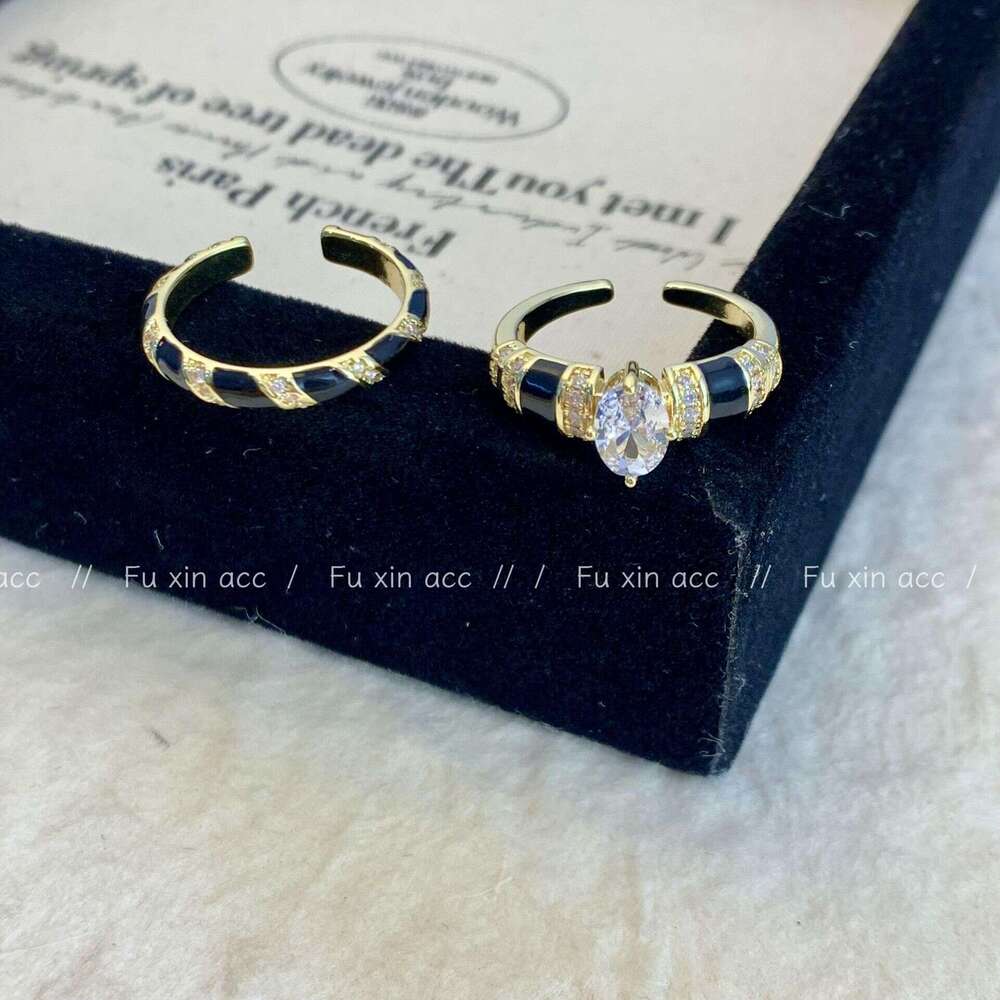 Light Luxury Exquisite Old Money Style Black Zircon Open Fashionable High-end Index Finger Niche Design Personality Ring 234