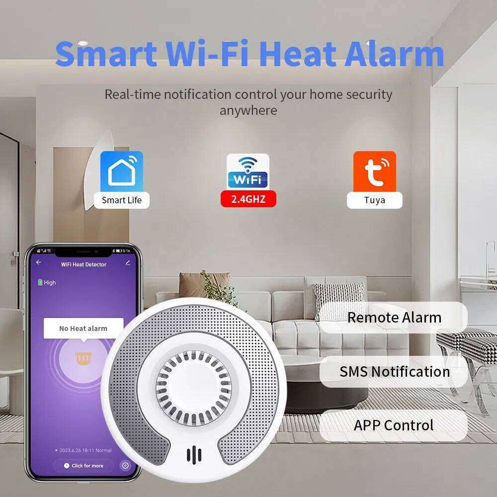 Wi-Fi Smoke Alarm Detector Sealed 10-Year Li-Battery, Wi-Fi Smart Heat Alarm with Tuya APP Control VS03W