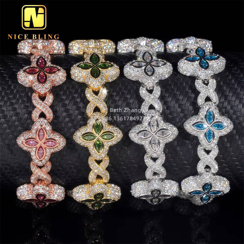 New Arrival Colorful Natural Gemstones Cuban Link Bracelet Fashion Hip Hop Jewelry Silver Marquise Moissanite Cuban Bracelet