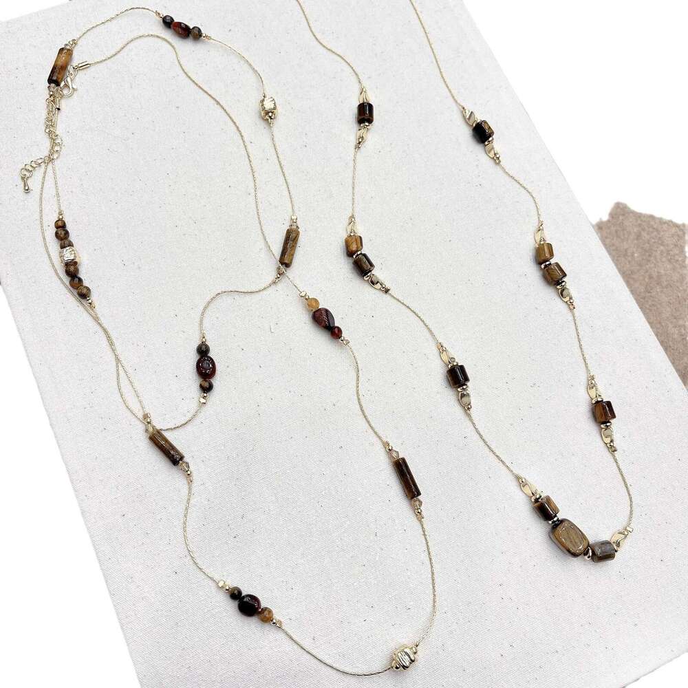 Exquisite Fashionable Melad Coffee Color Tiger Eye Stone Snake Bone Necklace High-end Niche Women's Metal Long Sweater Chain 1de