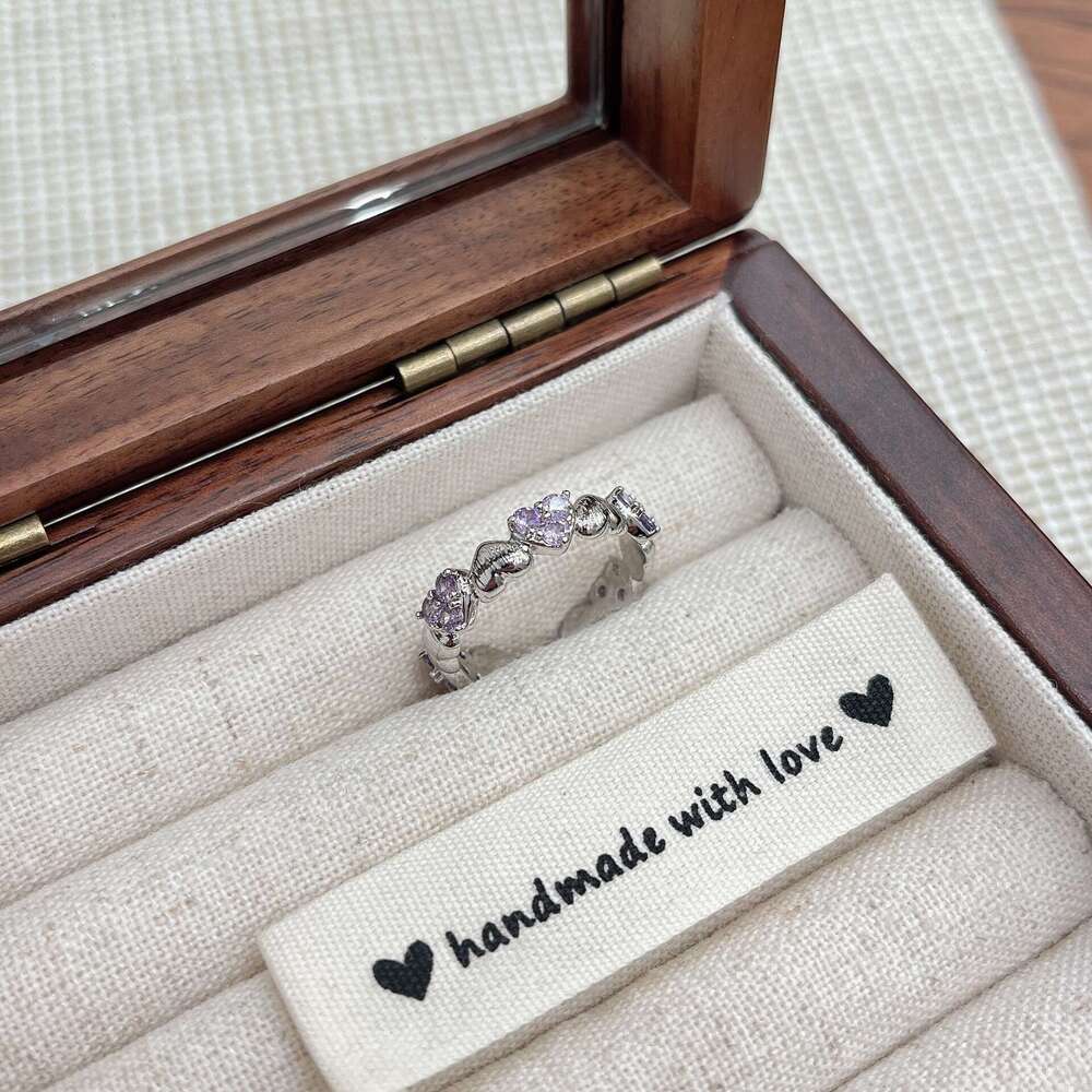 TikTok Korean Style Niche Heart-shaped Sea Blue Purple Diamond Ring with Fresh and Simple Design 684