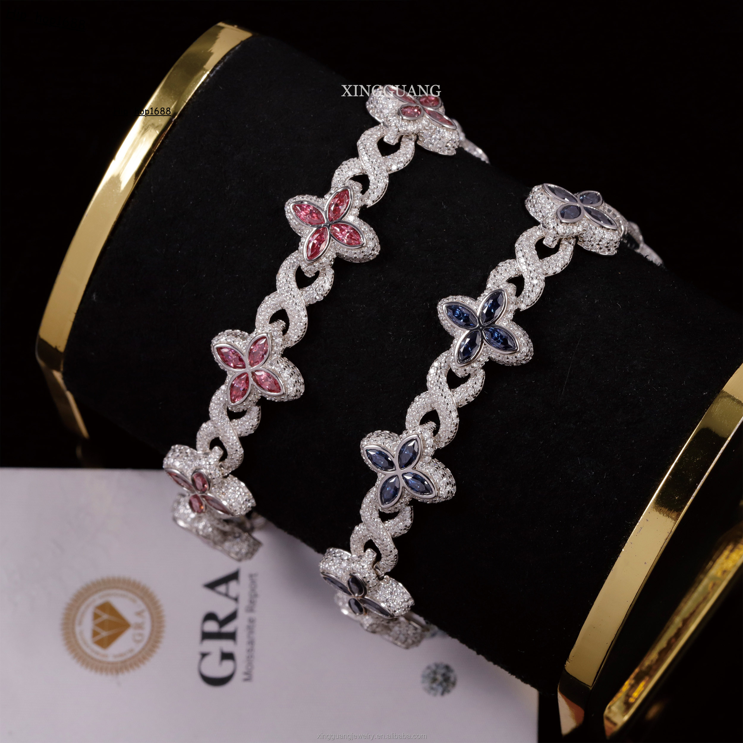 12mm Lucky Clover Bracelet Gold Plated 925 Silver Hip Hop Iced Out VVS Pink Green Blue Diamond Moissanite Bracelet for Gift