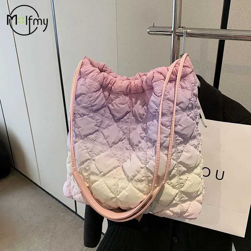 Clouds Pleat Big Bag Korean Gradient Fashion Womens Bag Quilted Padding Handbag Womens Nylon Plush Shoulder Bags Bolso Mujer Y250729