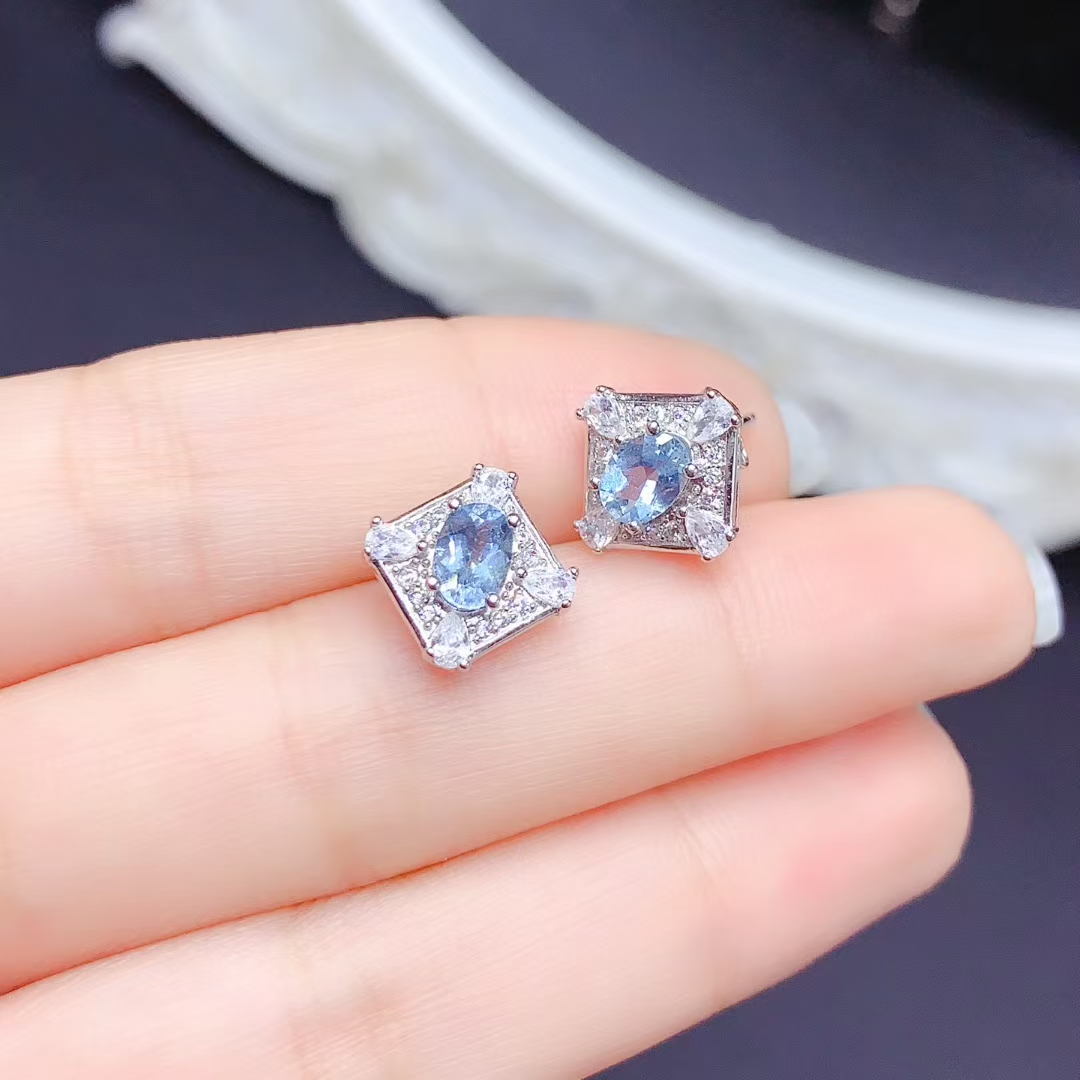 Natural Aquamarine Stud Earrings 4mm*6mm Light Blue Aquamarine Earrings allergy free 18K gold plated silver jewelry