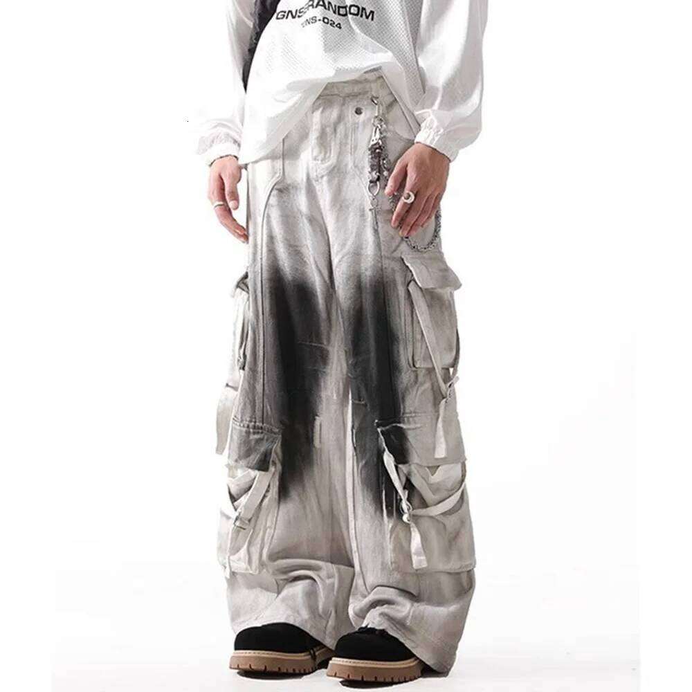 Summer New Contrast Color Baggy Jeans Multi-Pocket Overalls Retro Fashion Casual Trend High Street Hip-Hop Men's Bottoms