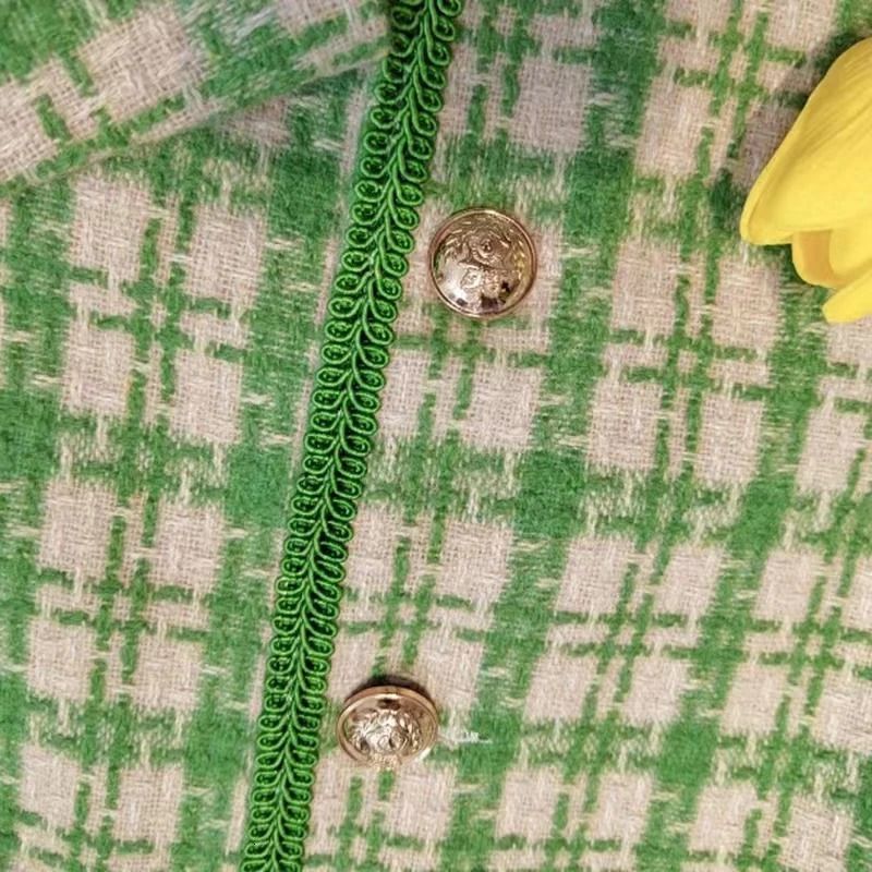 Korean Tweed Jacket Vintage Green Outerwear Spring Autumn Women Coat Cropped Long Sleeve Button Turndown Collar Suit 250730