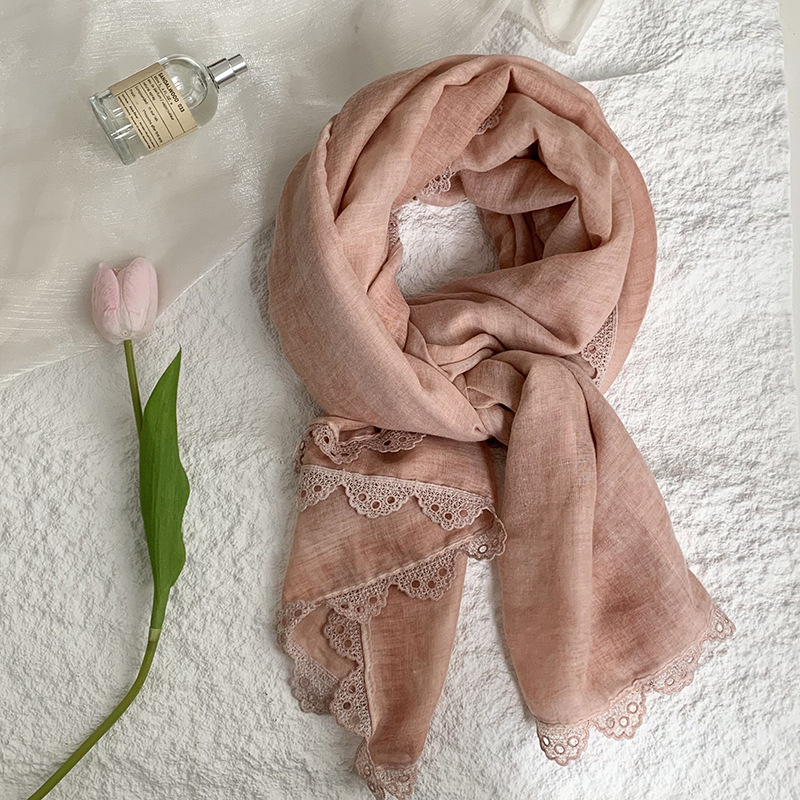 K1526 Korean style scarf spring and autumn new fashion solid color lace edge neck protection long scarf shawl