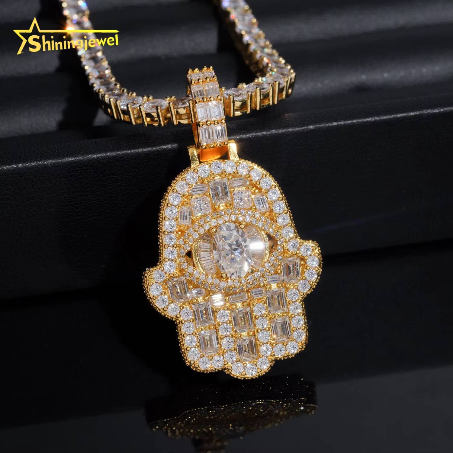 Fully Iced Out Luxury Bling Hip Hop VVS Moissanite Diamond Hamsa Hand 925 Silver Pendant