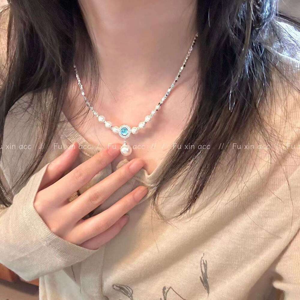 Aquamarine Necklace Bracelet for Women, Niche Light Fragmented Sier Pearl Collarbone Chain, Unique High-end Versatile Jewelry 30b