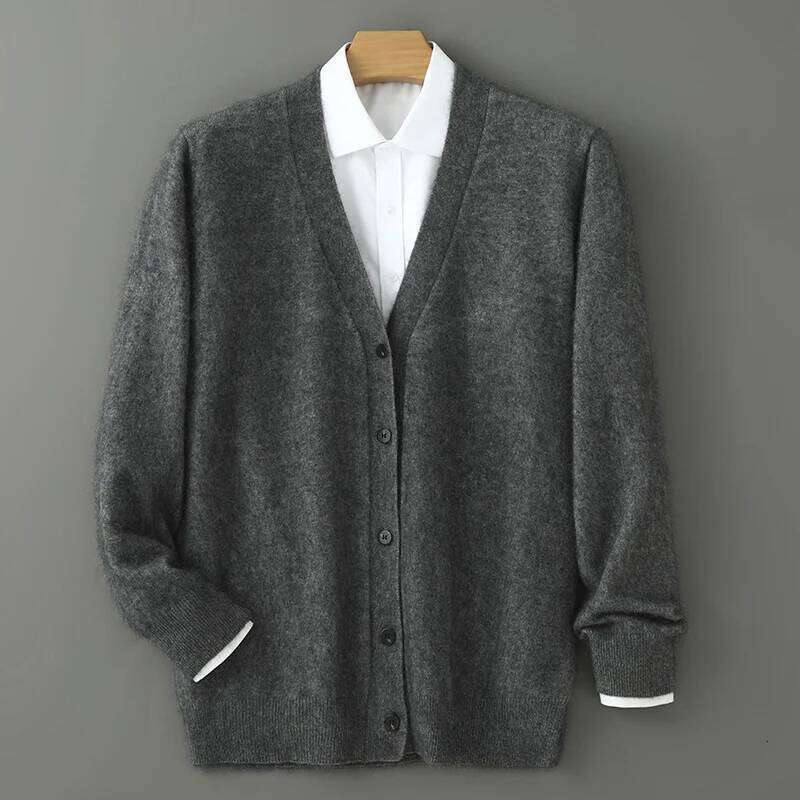 Autumn Winter New 100% Mink Cashmere Cardigan Men's V-Neck Tops Knitted Sweater Loose Large Long Sleeved Shirt Thickening Jacket MDNG