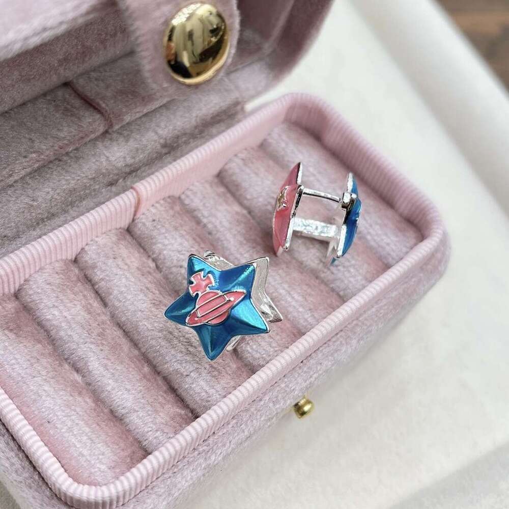 TikTok Same Style Light Fashion Blue and Pink Color-Block Glaze Double-Sided Pentagram Earrings Unique Exquisite Ear Jewelry 975