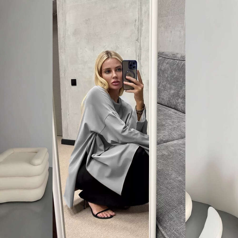 Spring And Autumn New Style Long Sleeve T-Shirt For Women, Pure Cotton, Loose Fit, Patterned, Split Knit Top, Wine Red B5