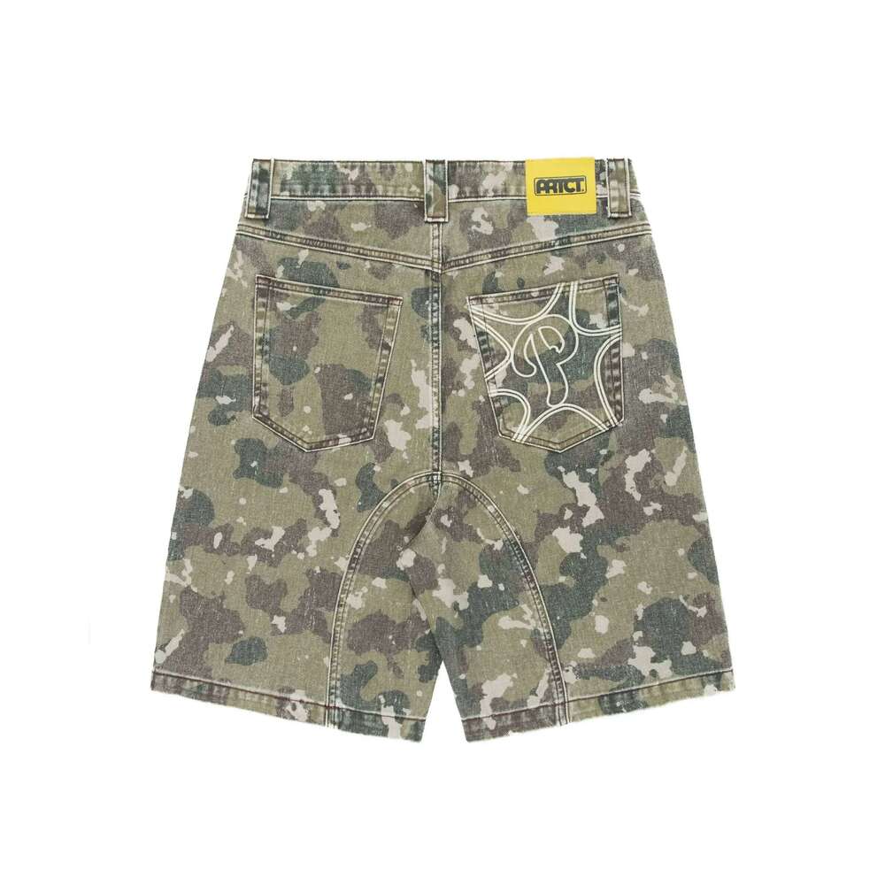 American Retro Denim Y2K Jeans Letter Embroidery Washed Camouflage Baggy Shorts Low Waist Over The Knee Pants