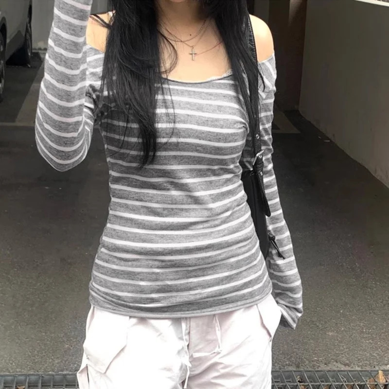 Y2K Grunge Emo 00s Vintage TShirt Black Gray Striped Off Shoulder Long Sleeve Jumper Top Chic Women Autumn Retro Goth Tee Shirt 250729