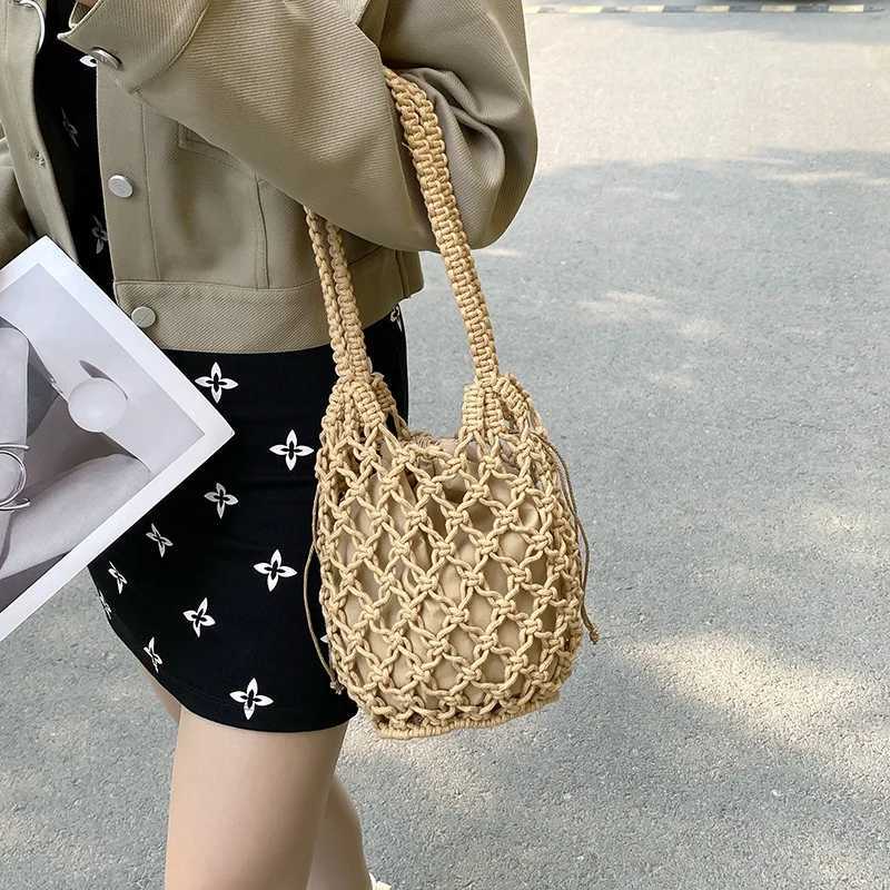 Summer Beach Bag For Women Mesh Rope Knitted Bucket Shoulder Bags Reticulate Hollow Travel Shopper Totes Ladies Fashion Handbag Y250729