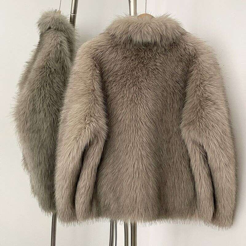Winter fur coat for women, fashionable lapel, thick warm synthetic wool coat, elegant square collar coat