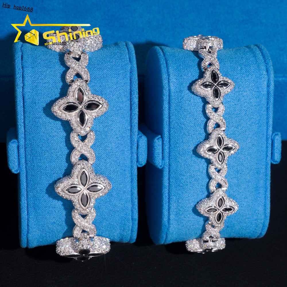 Hot Sale 15mm 18mm Black Color Moissanite Clover Bracelet Hip Hop Jewelry 925 Silver Iced Out Infinity Moissanite Cuban Bracelet