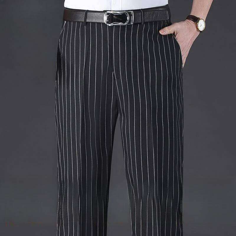 England Style New Men Casual Summer Thin Straight Anti-Wrinkle Striped Trousers Loose Business Vintage Cootrast Color Suit Pants