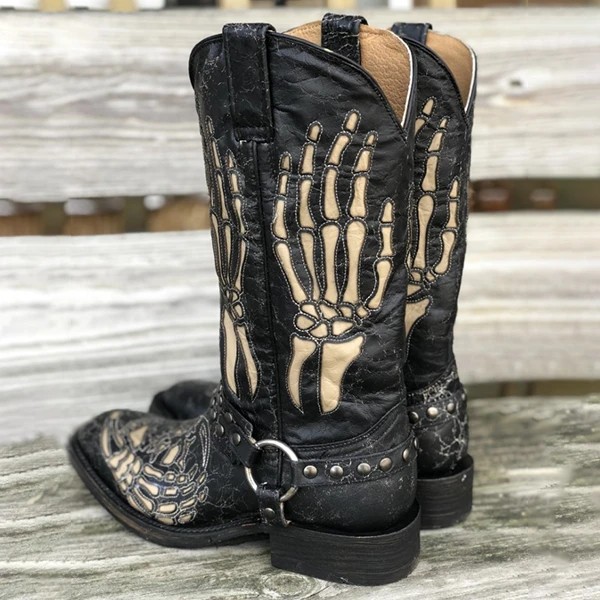 Square Head Totem Skull Patterned Martin Style Boots for Men Plus Sizing Options