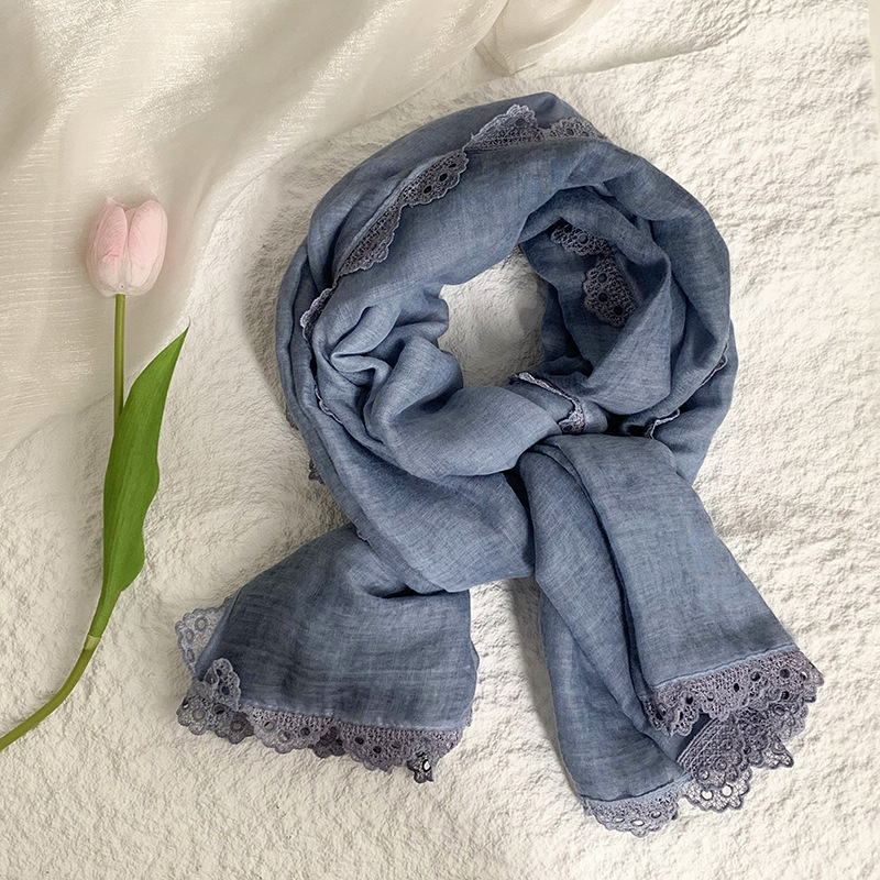 K1526 Korean style scarf spring and autumn new fashion solid color lace edge neck protection long scarf shawl