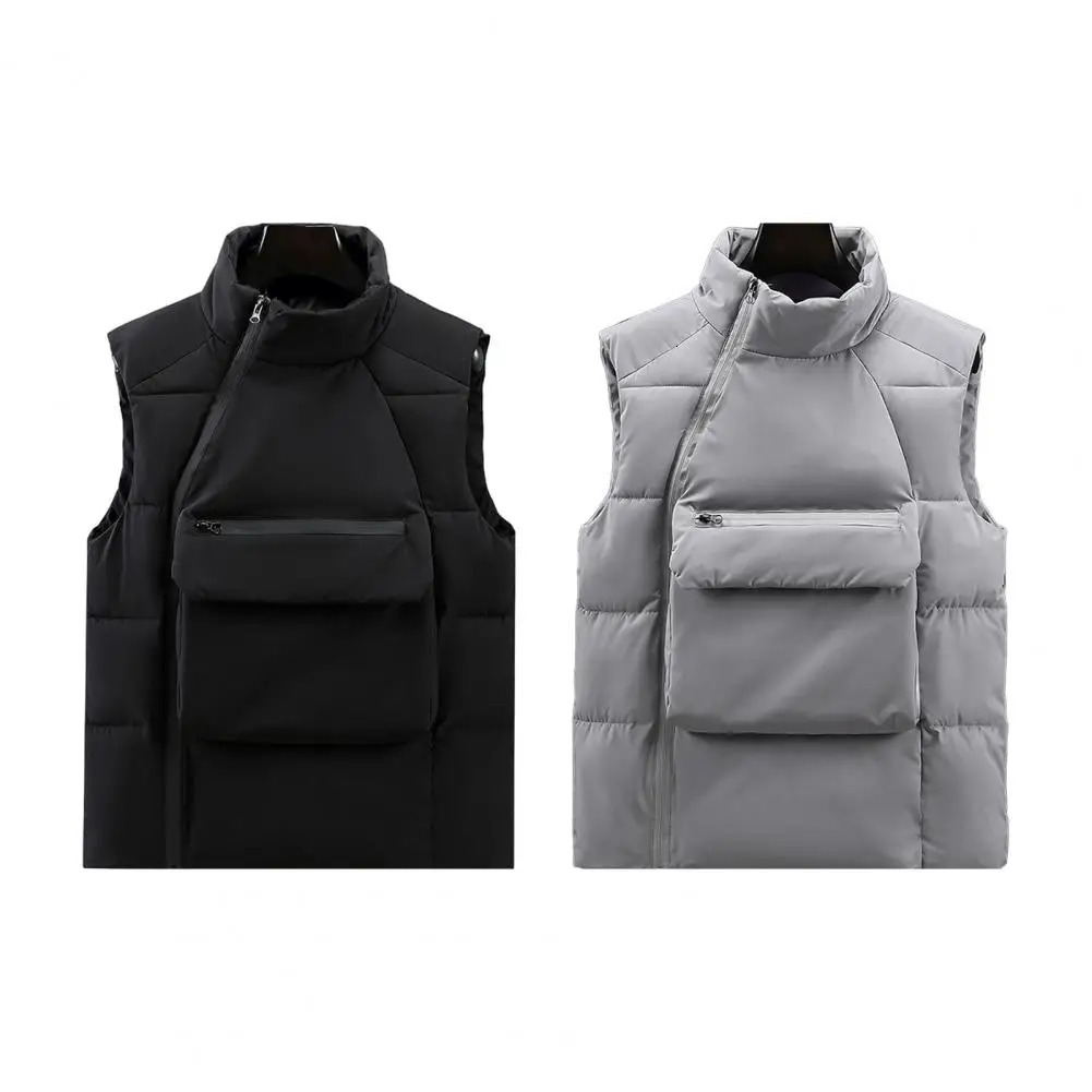 Men Down Waistcoat Stand Collar Sleeveless Oblique Zipper Closure Vest Coat With Front Pockets Solid Color Cotton 250730