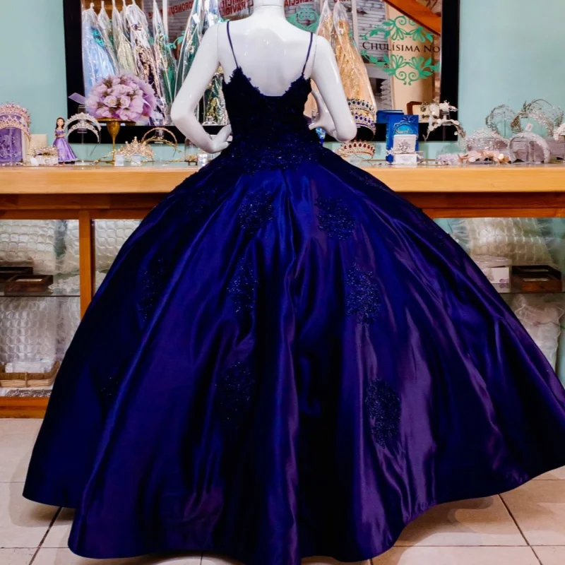 Navy Blue Quinceanera Dresses Spaghetti Strap Applique Lace Beads Party Birthday Vestidos De 15 Anos Sweet 16 Dress