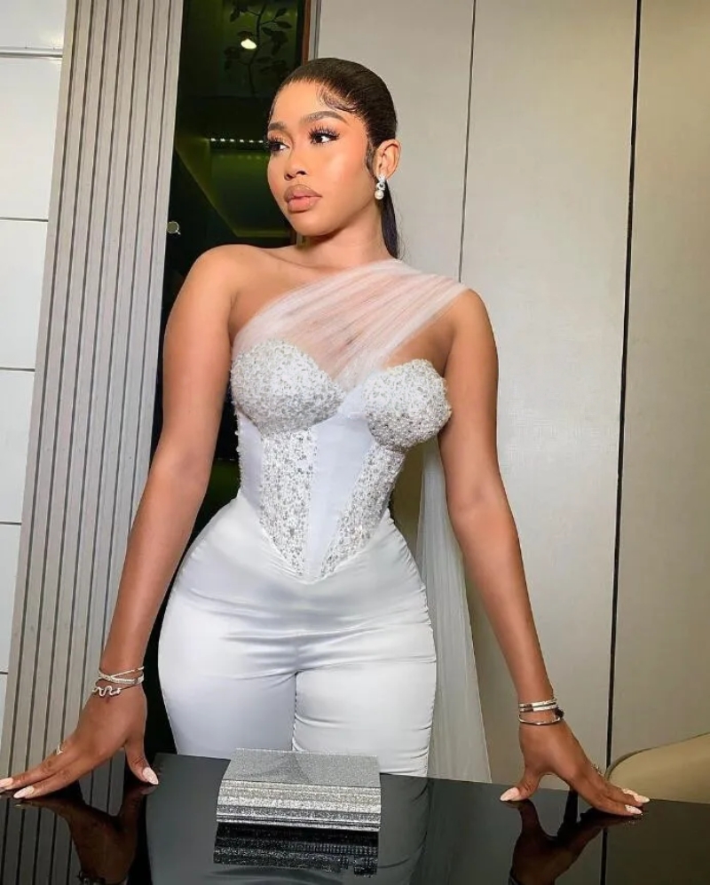 2025 Sweetheart Corset Women Jumpsuit Wedding Dresses With Tulle Ribbon Beaded Pearls Lace-up Aso Ebi Bridal Gown Outfit Pant Suit